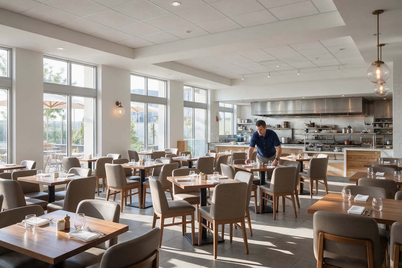 Helles Restaurant mit offener Küche