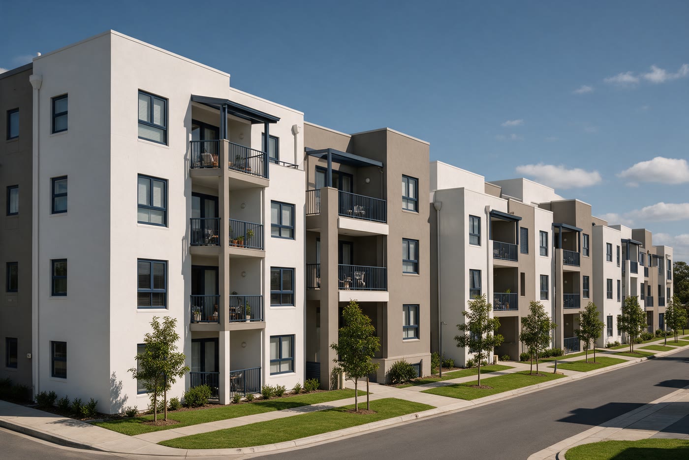 Moderne Mehrfamilienhäuser an einer sonnigen Straße