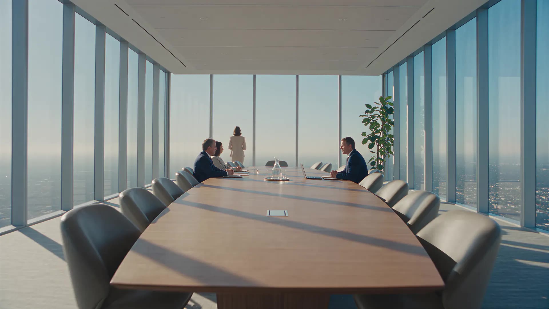 Helles Besprechungszimmer mit Glasfront hoch über der Stadt; die Kamera fliegt hinaus zum Umspannwerk und zur Gasanlage